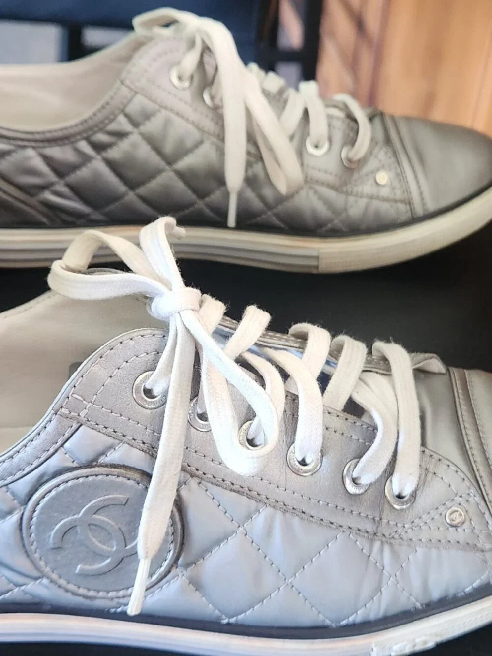 CHANEL silver quilted